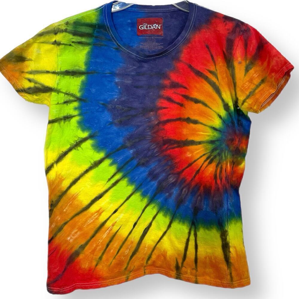 handmade tie dyed ladies L tshirt rainbow and black spiral